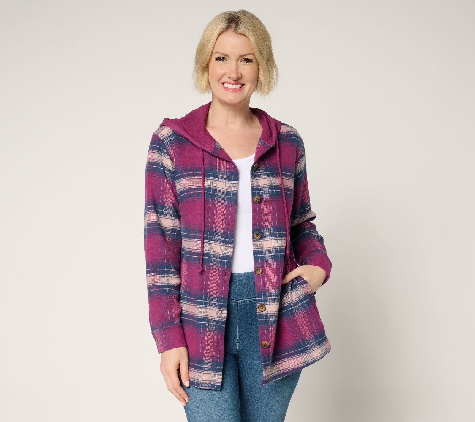 Belle by Kim Gravel Women’s Jacket Sz XL Hooded Plaid Shacket Purple A655268