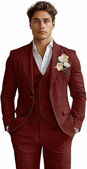 Linen Mens Suits 3 Piece Slim Fit Tuxedo Suit for Men Beach Wedding Formal Coat