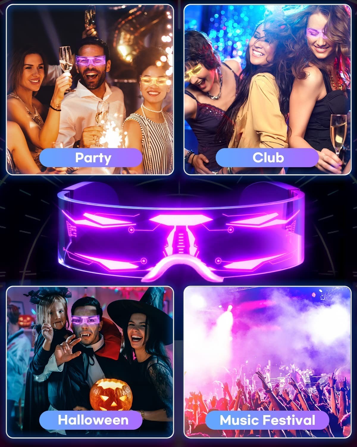 NIUCOO LED Visor Light Up Glasses – 7 Colors, 4 Modes – Futuristic Goggles
