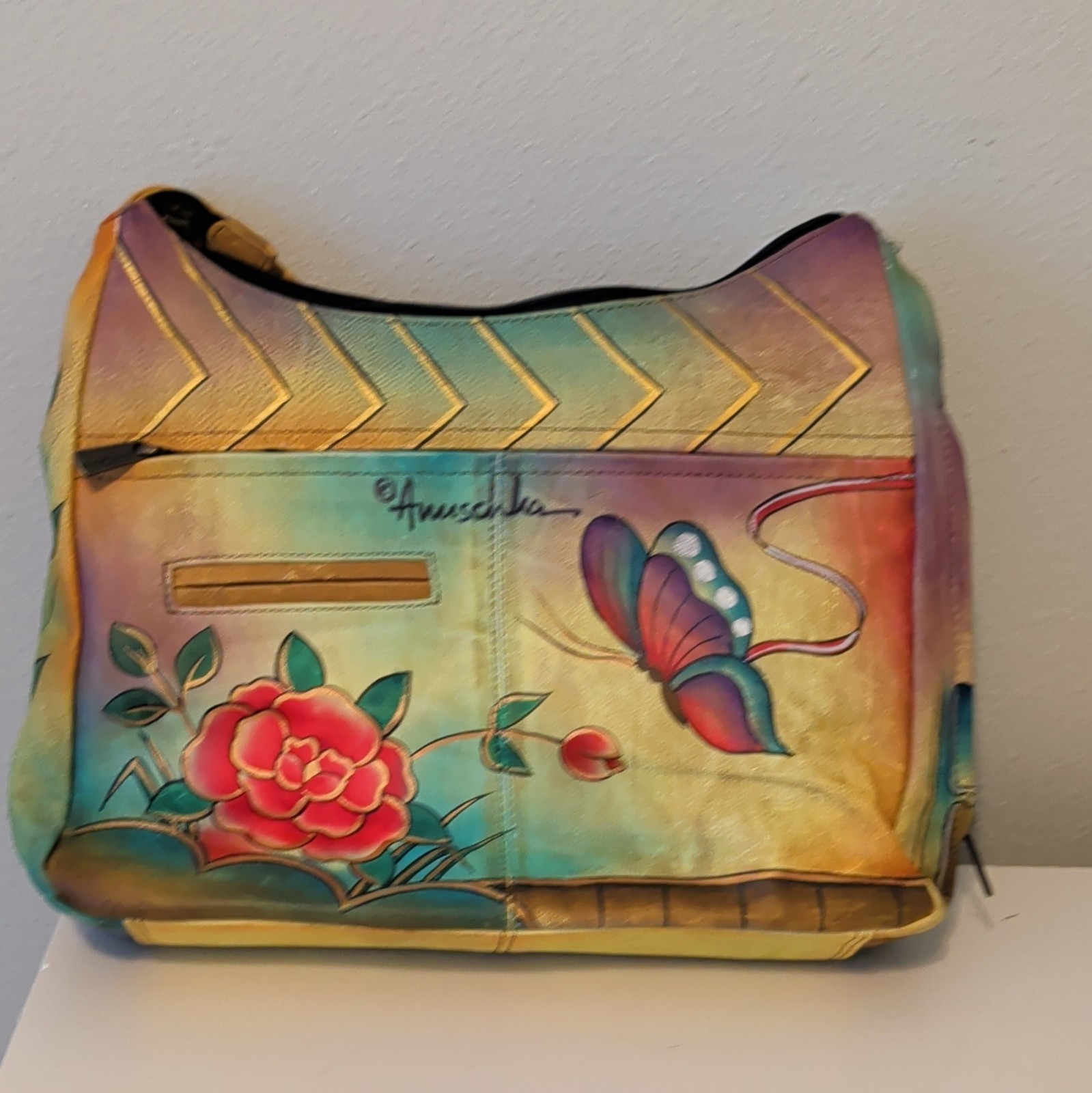 Anuschka Hand-Painted Floral Butterfly Shoulder Bag