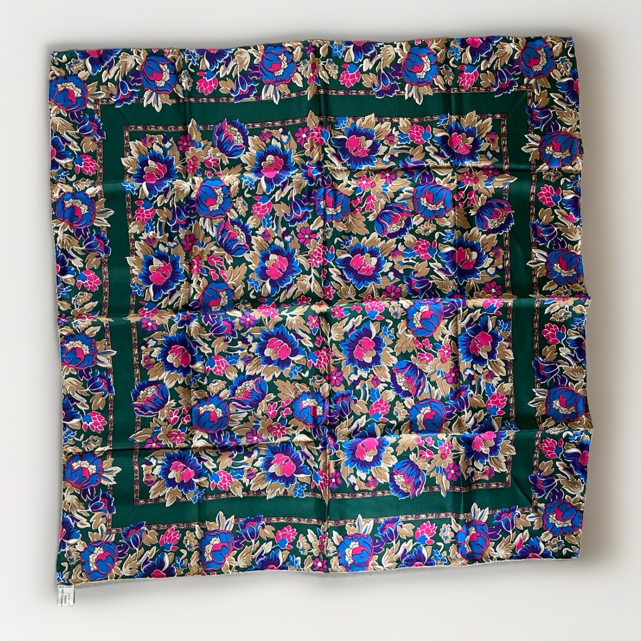 Gorgeous 100% Silk Scarf Floral Purple Pink Beige Green Hand Rolled Edge 31×31