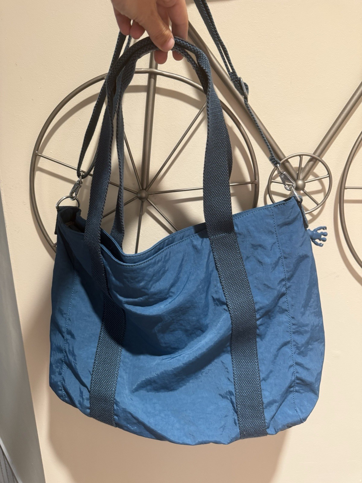 Kipling Asseni Blue Crinkle Nylon Tote Bag Crossbody Purse Rubber Monkey Fob