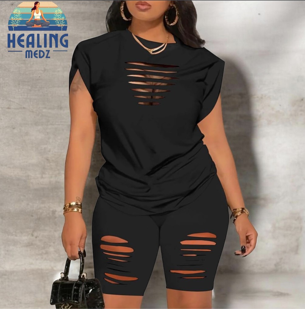 WOMEN’S 2 PCS BLACK OUTFIT SUMMER SWEATSUITS BIKER SHORT WORKOUT SET
