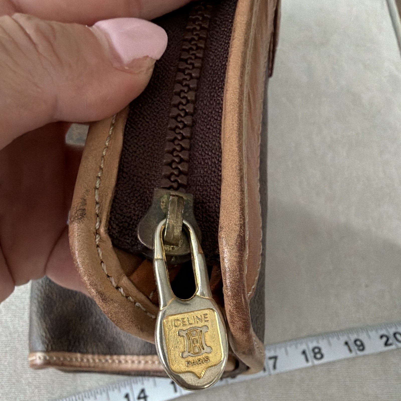 ⁠Vintage CELINE Macadam Canvas Clutch Pouch Wristlet Brown Tan Leather Trim