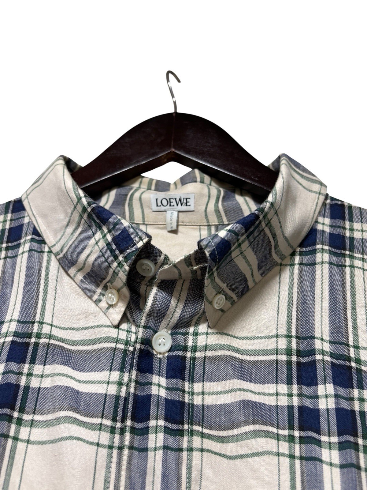 LOEWE Casual Patchwork Shirt Size 43 Beige Leather Pocket Logo Romanian Made