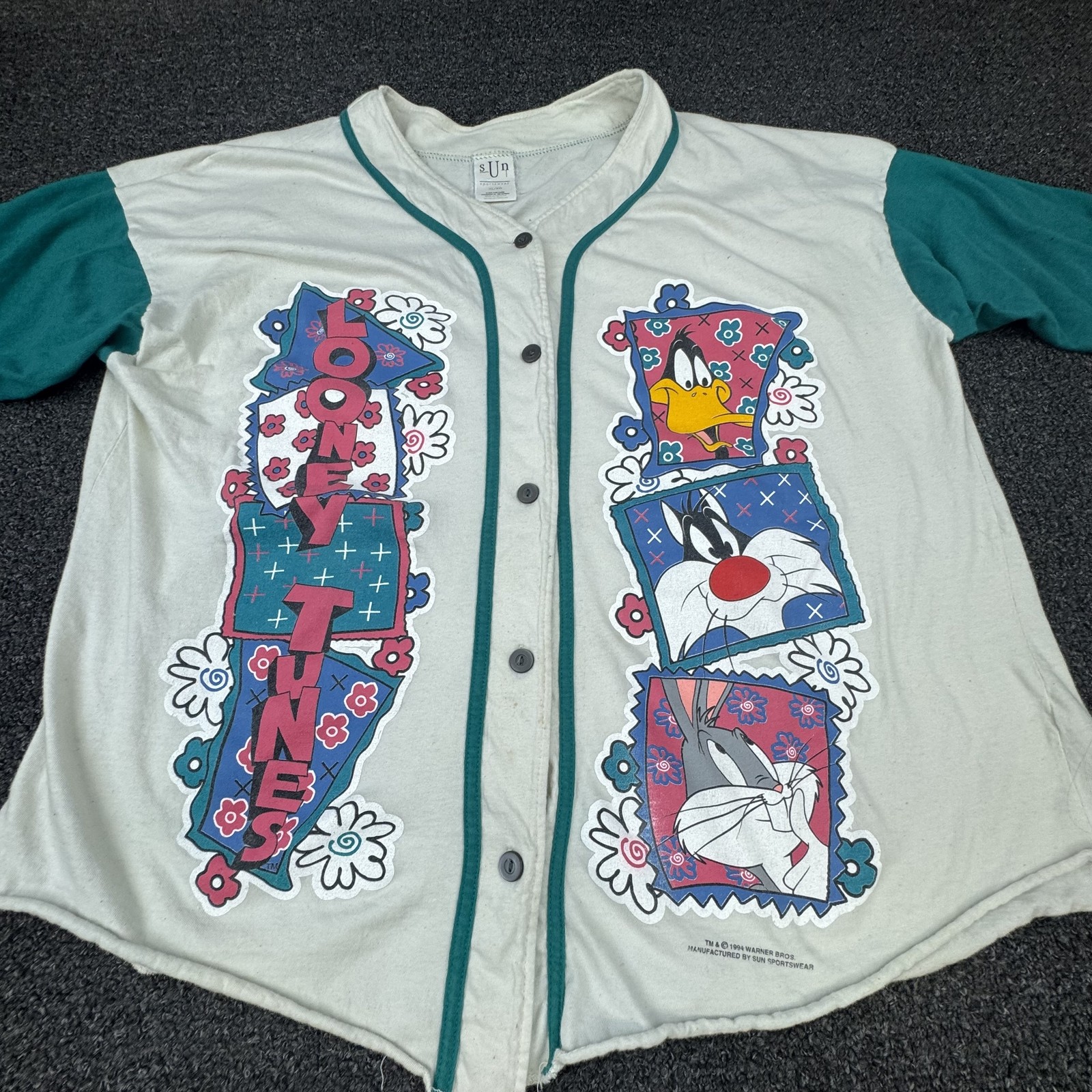 Vintage Looney Tunes Shirt Mens XL White Green Baseball Bugs Bunny 90s Cartoon