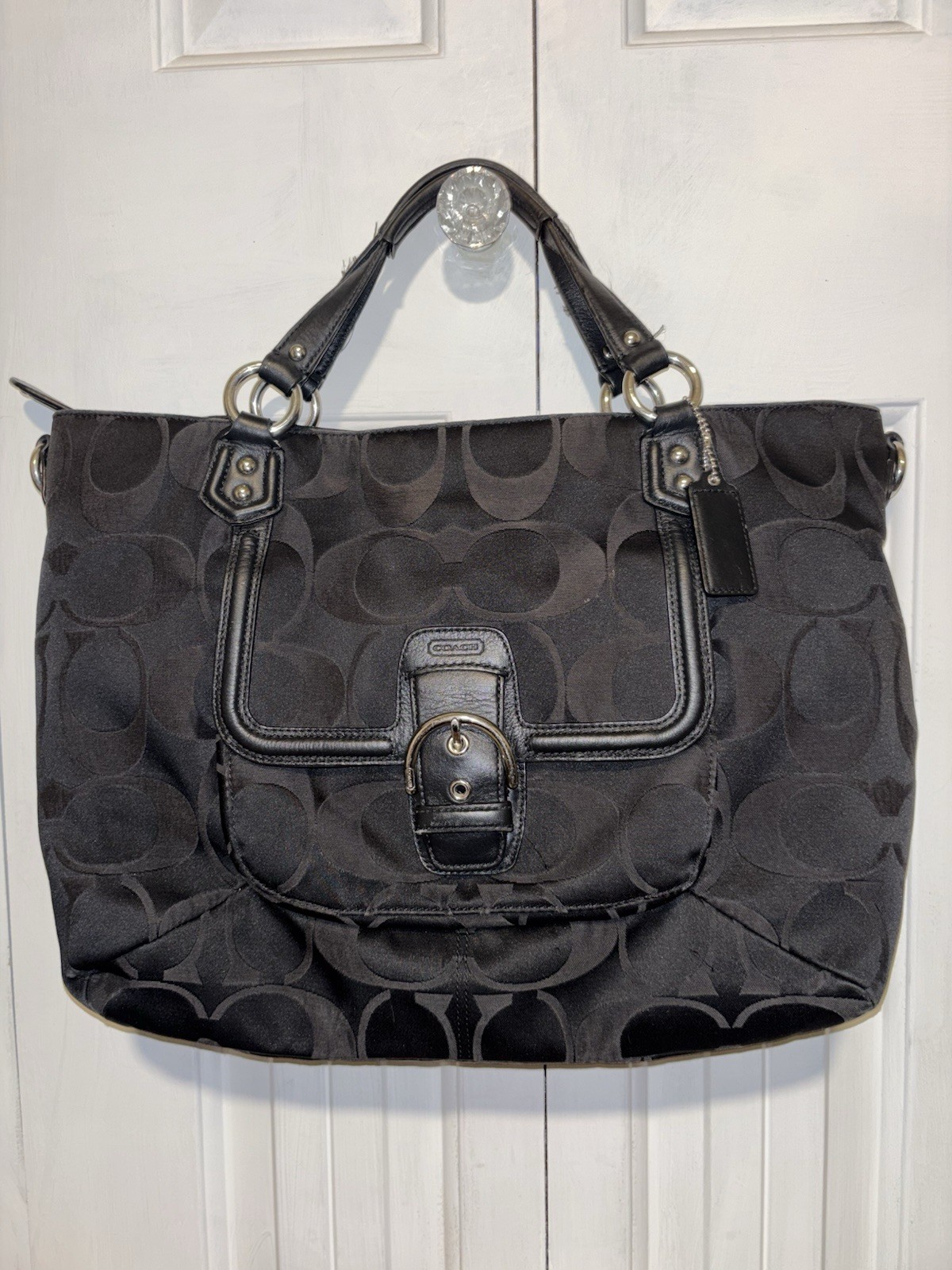 Coach Signature Logo Large Tote Zip Black/Gray, Buckle Pocket, Charm, Silver