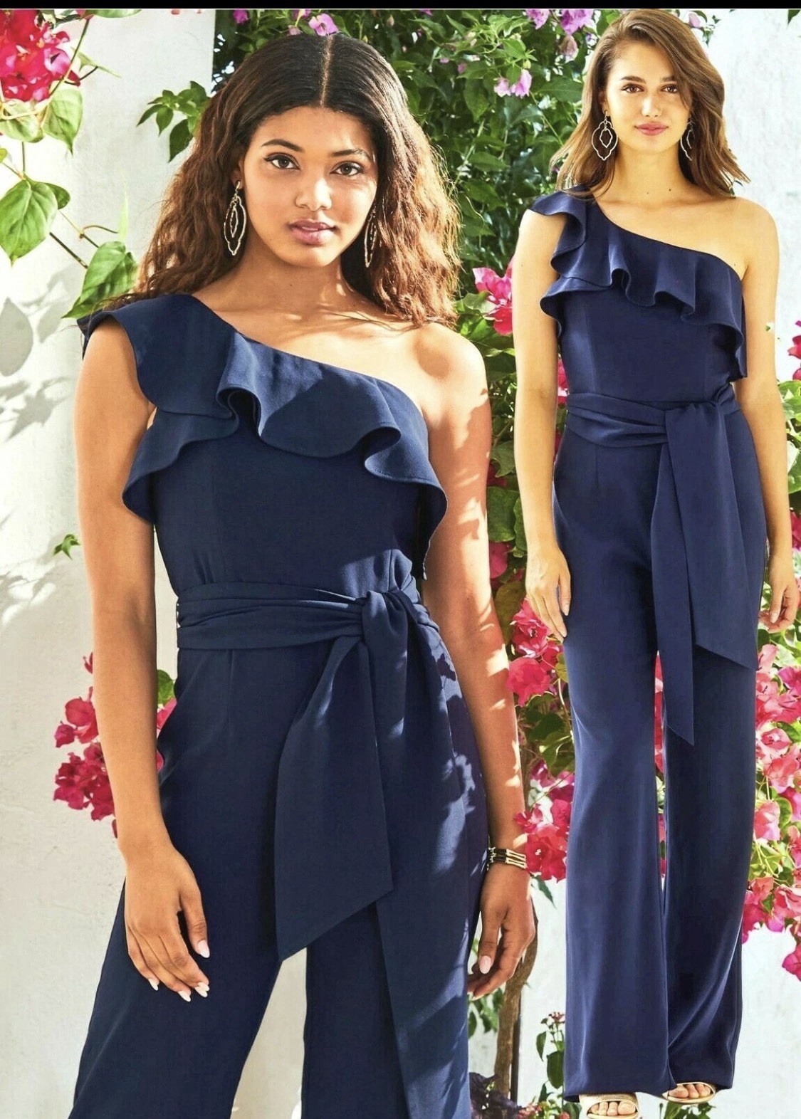 Lilly Pulitzer Lyra True Navy Flounce One Shoulder Sash Belt Crepe Jumpsuit 00