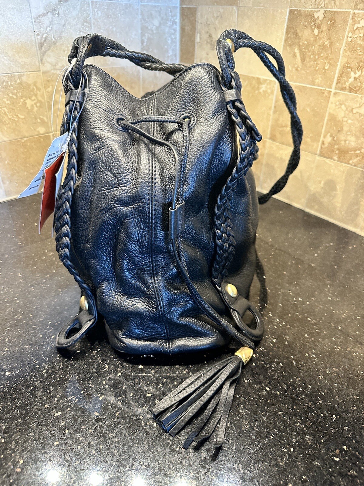ELLIOTT LUCCA Black Leather Drawstring Shoulder Tote Bag Purse NEW With Tags