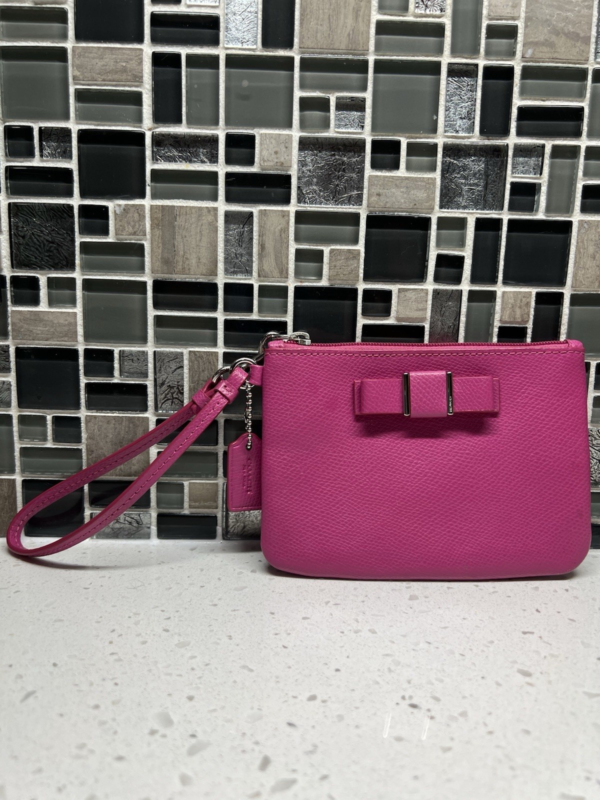 Coach Pink Darcy Bow Wristlet w/ Bow Logo Accents, Lined Inner Pockets