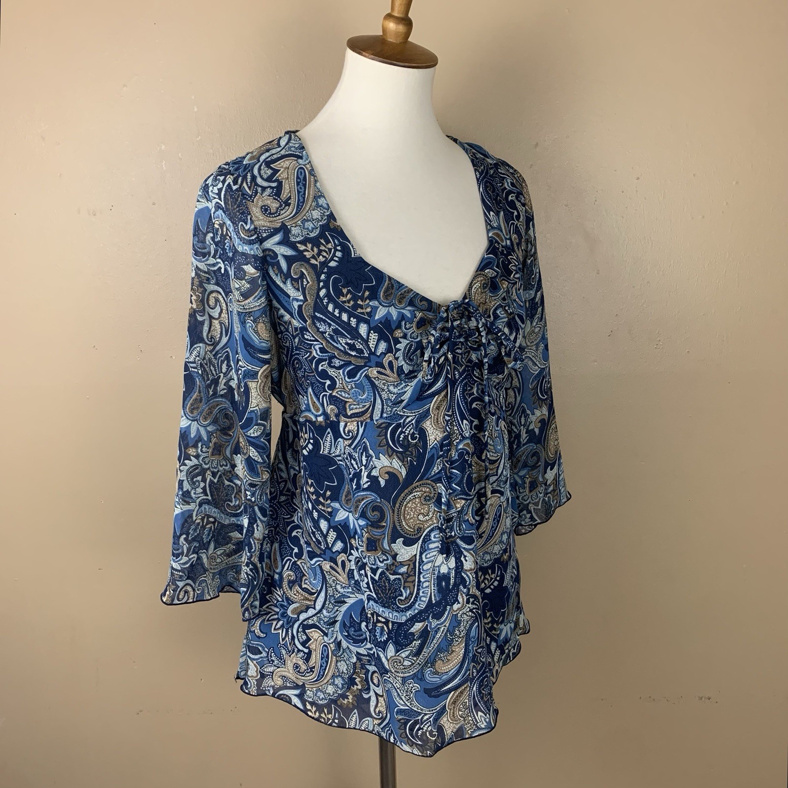 Vintage Y2K Top Womens Medium Blue Paisley Print Sheer Babydoll Feminine Blouse
