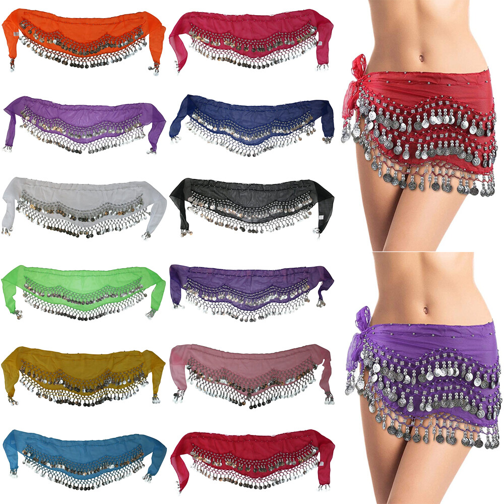 Chiffon Belly Dance Hip Scarf Wrap Belt Tribal Sash Skirt Silver Coins Costume