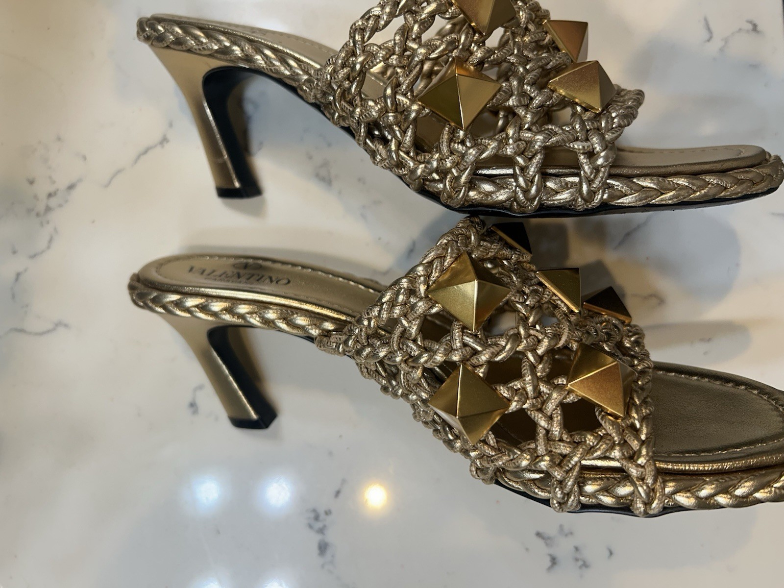 Valentino Garavani Gold Leather Woven Studded Open Toe Slip-On Mules 8