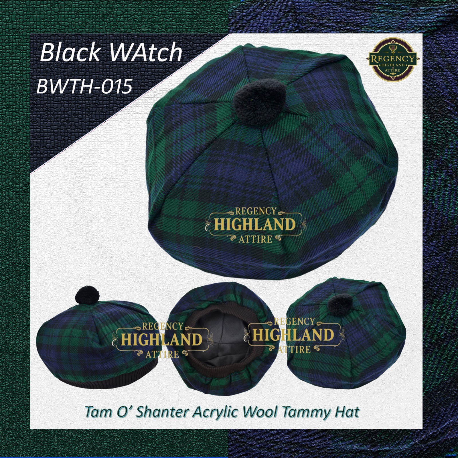 Unisex Great Scottish Highland Tam O Shanter Hat Made of Acrylic Wool Tartan.