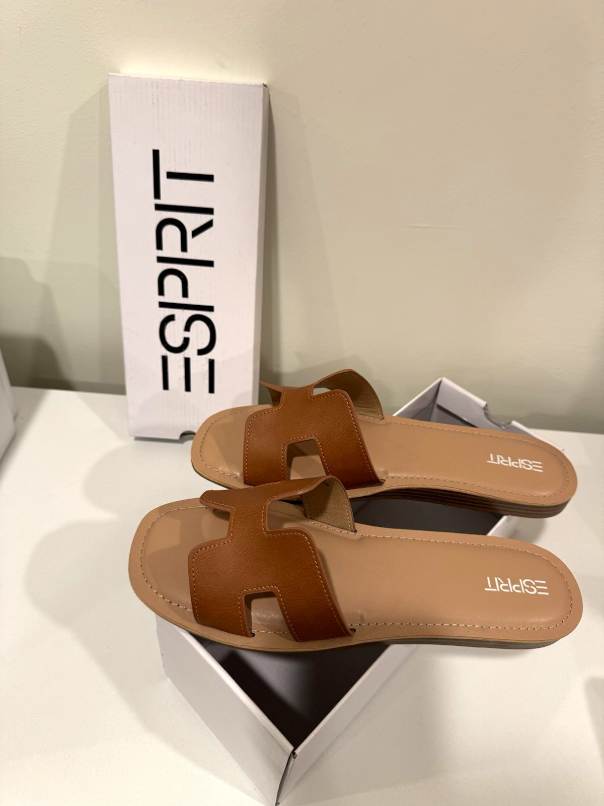Esprit Logo Strap Slide Sandal Brown/Beige Women’s US 8.5 Casual Summer