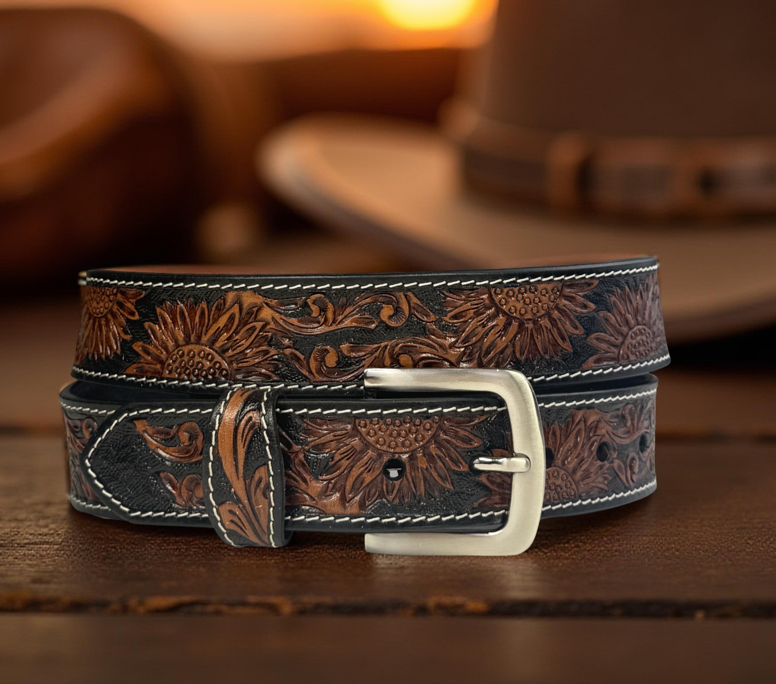 Western Leathe Belt Cowboy Rodeo Full Grain Leather Hand Tooled Removable Buckle