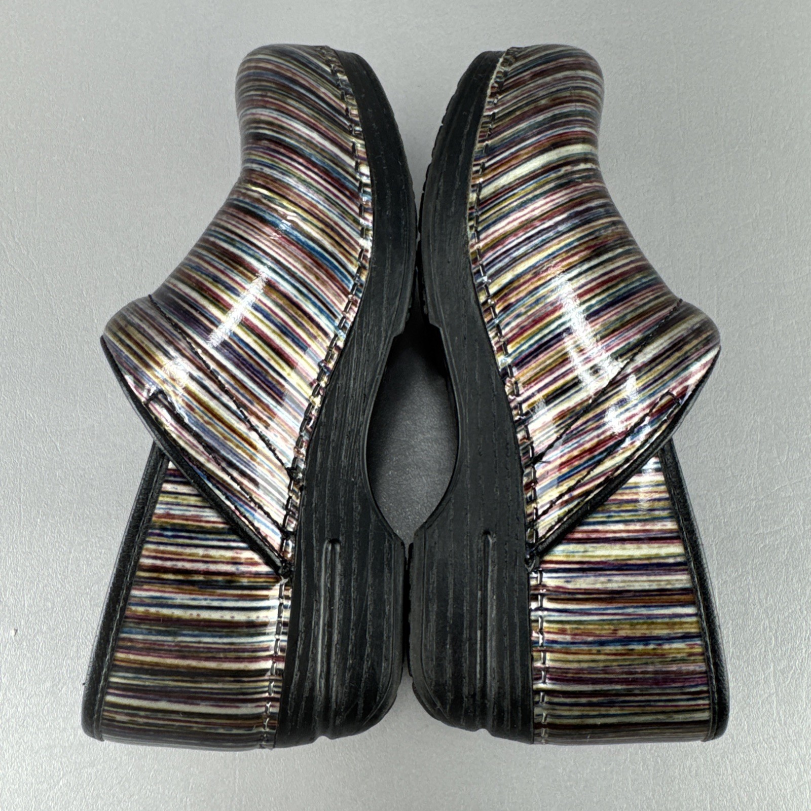 Dansko Pro XP Grey Multi-Colored Striped Patent Leather Clogs Sz 38 US 7.5-8