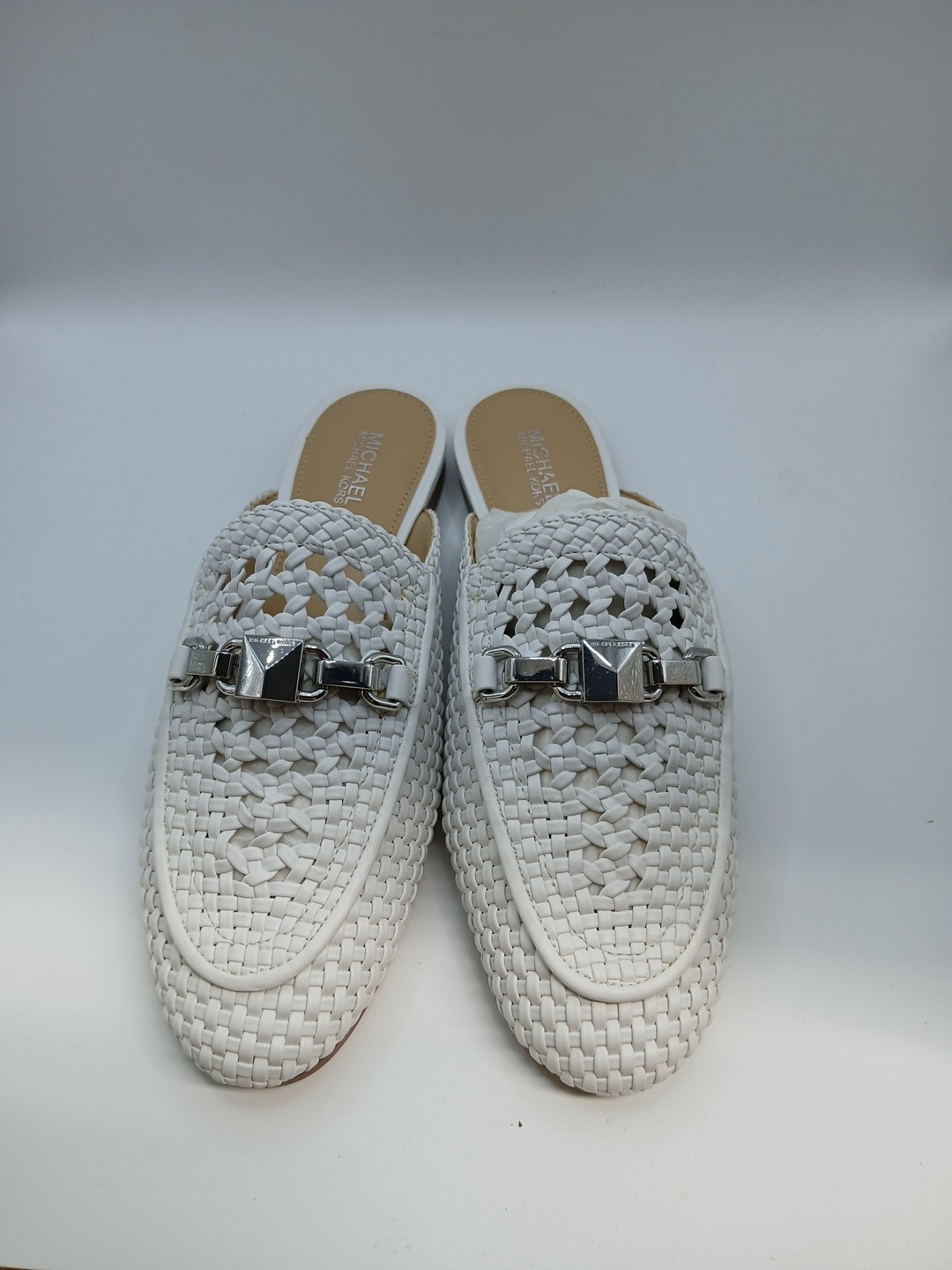 Michael Kors Charlton Woven Mule Slides Optic White Leather Loafer Size 5M