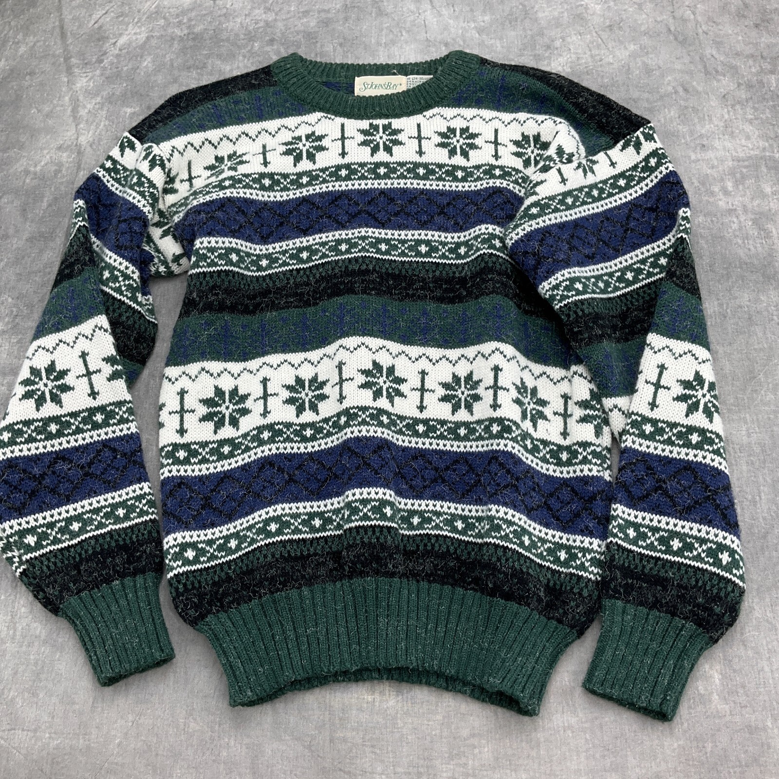 St Johns Bay Sweater Men Small Blue Green Fair Isle Snowflake Acrylic USA VTG