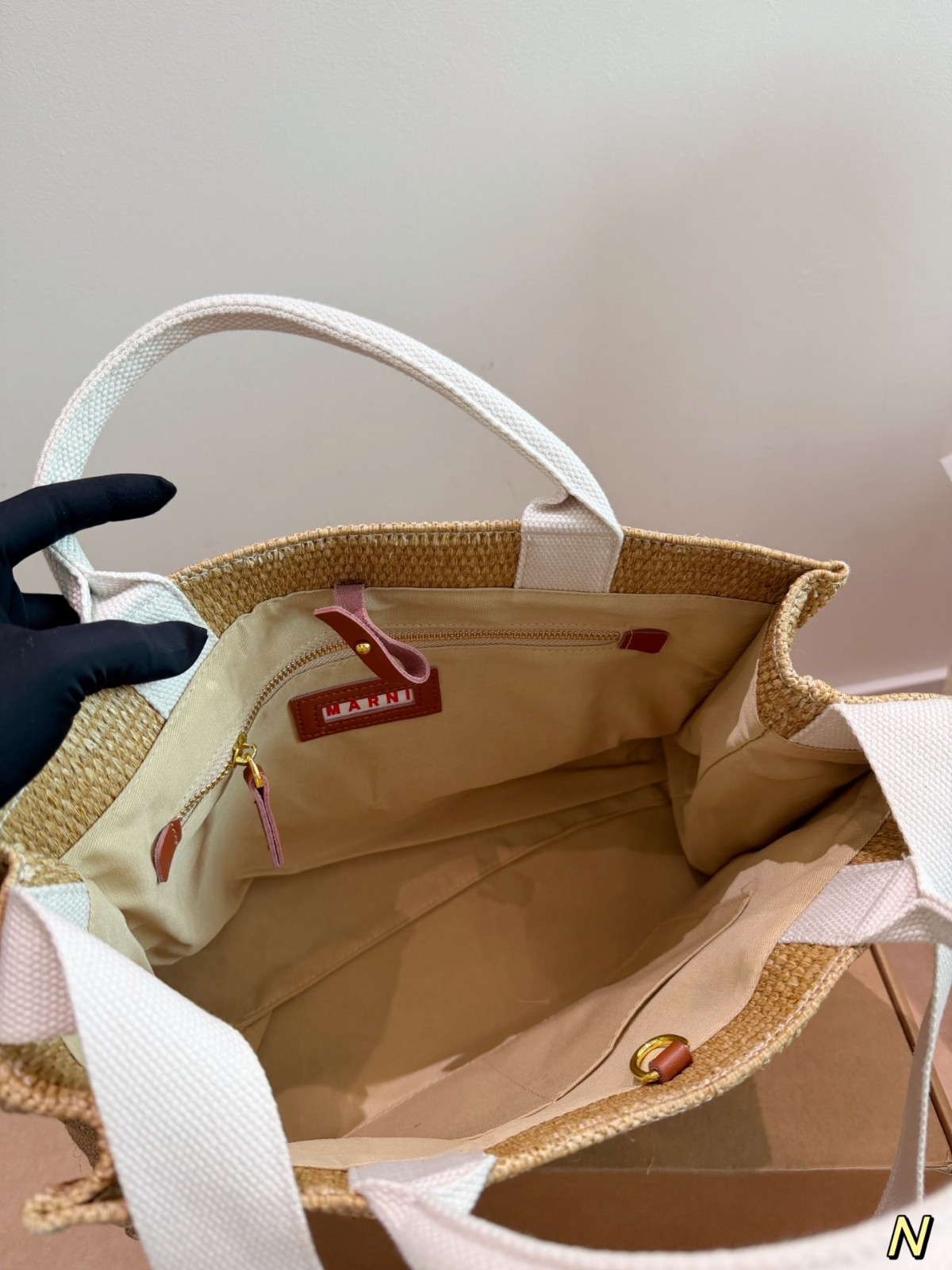 MARNI Classic Caramel Raffia Woven Tote Bag (Dimensions: 36 x 25)