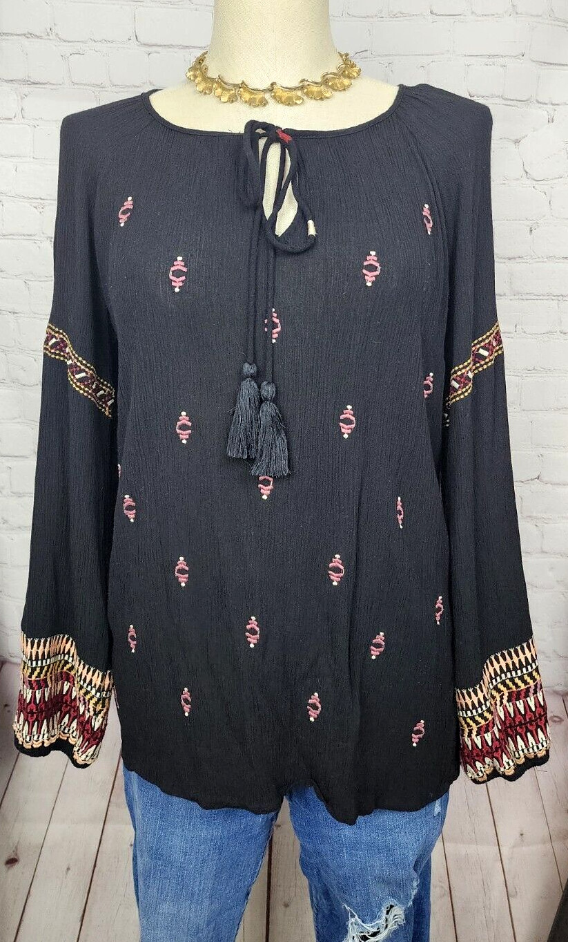 Sundance Blouse Tassels Embroidery Elastic Cuffs BOHO Western Peasant Tribal M