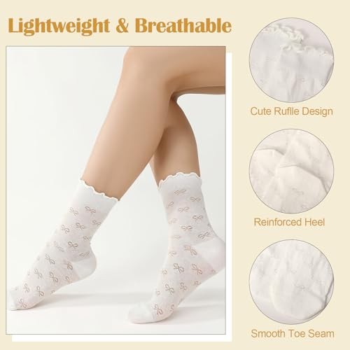 6 Pairs Women’s Ruffle Socks Casual Cotton Black White Beige Pink Gray Blue