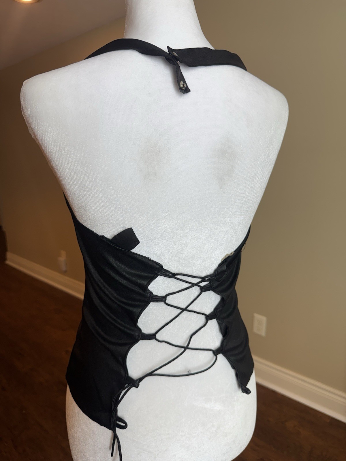 Black Satin Halter Lace-Up Backless Corset Top, Size XS