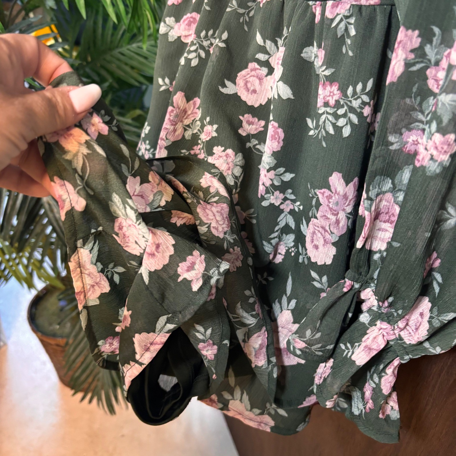 Trixxi Floral Romper XL Olive Green Pink Rose Long Sleeve Cottagecore