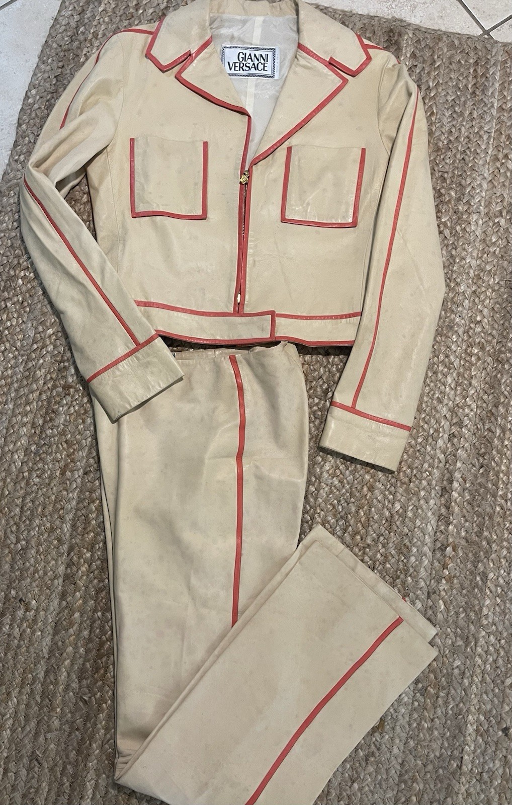 VTG Gianni Versace 2000 Leather Pant Suit 42 Nappa Lambskin Lion Zip Tan Orange