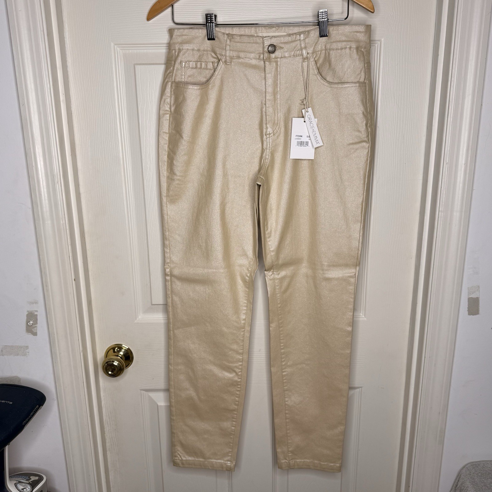 Grace + Emma Gold Metallic Coated Jeans Women Size 10 Stretch High Rise Pants