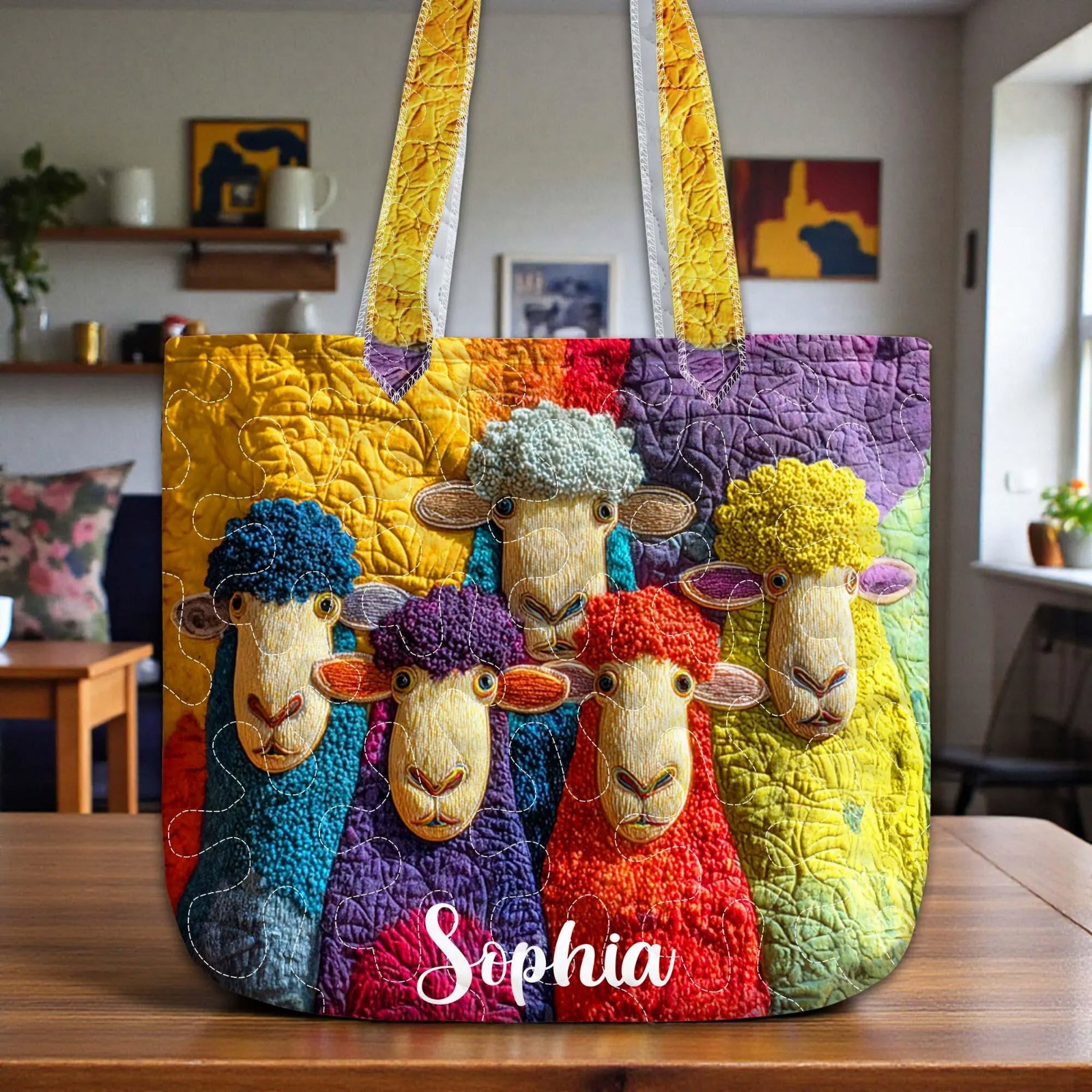 Vibrant Quilted Sheep Tote Bag Personalized Name Colorful Farm Animal Daily Bag
