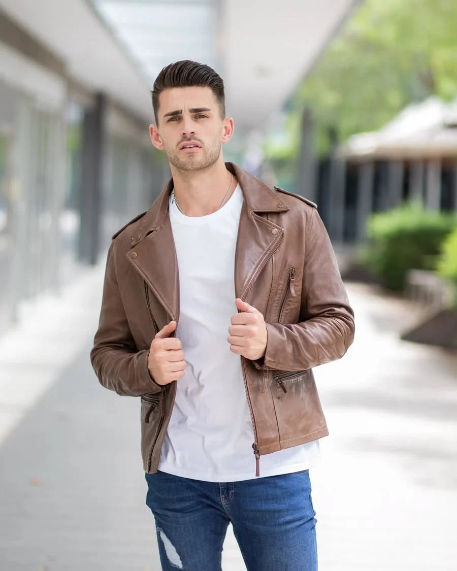Premium Modern Brown Genuine Leather Jacket Men’s Fashion Biker Style XS to 2XL