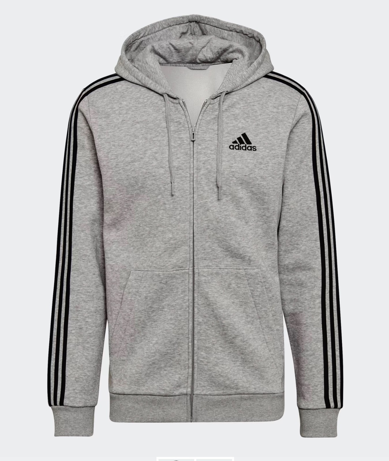 adidas Mens Essentials Fleece Full-Zip Grey Heather Hoodie 3-Stripes Black XL