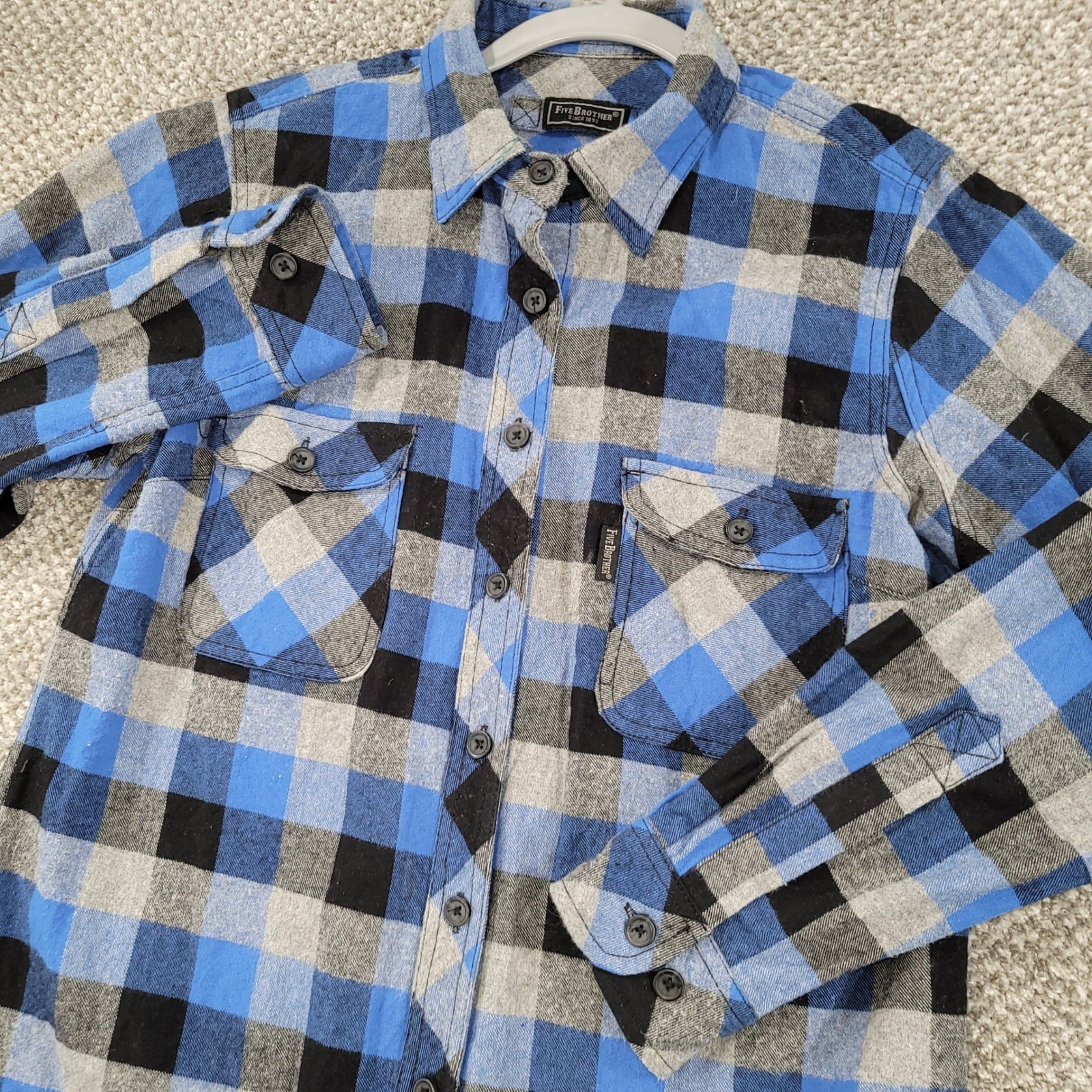 Five Brother Mens Blue Black Grey Plaid Flannel Button Down Shirt Large Cotton