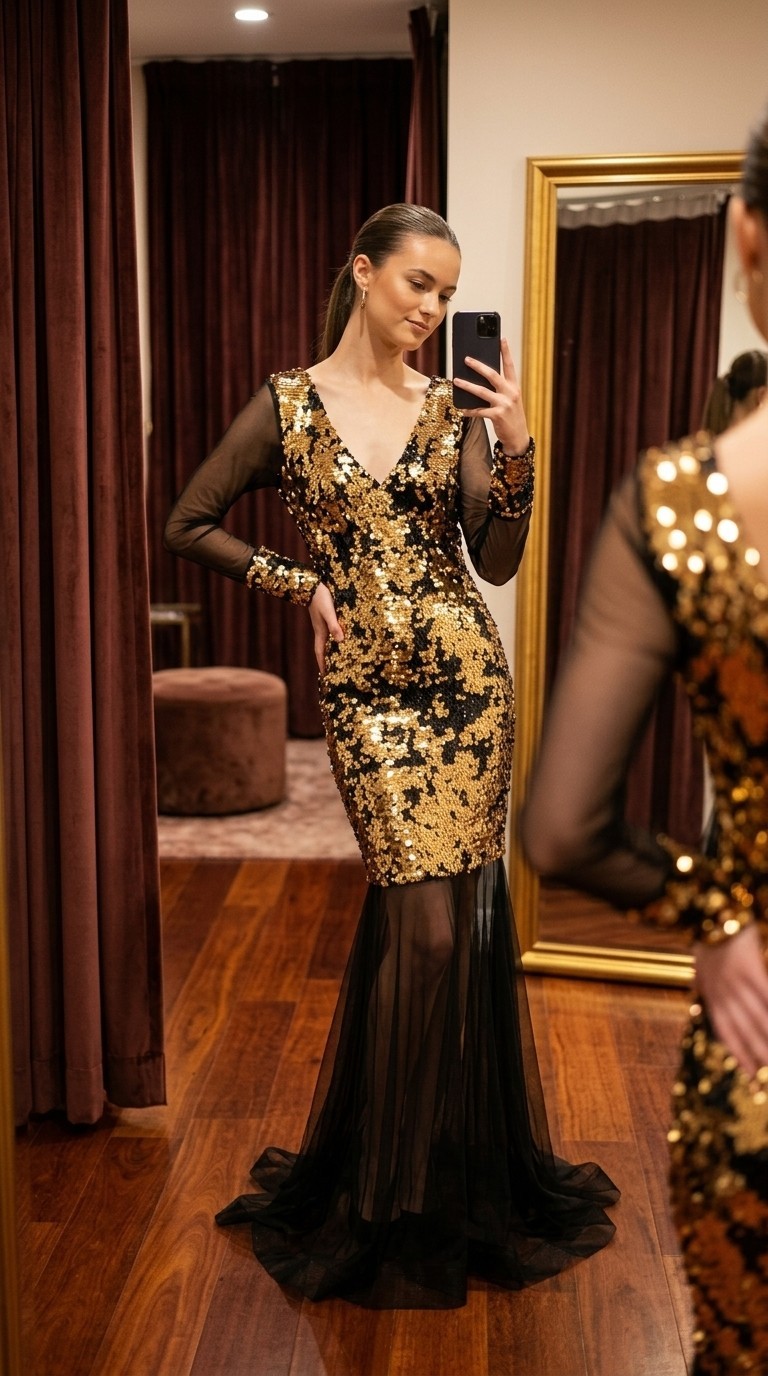 Luxury Gold Black Sequin Evening Gown Sheer Mesh Train Long Sleeve V Neck NWT EU