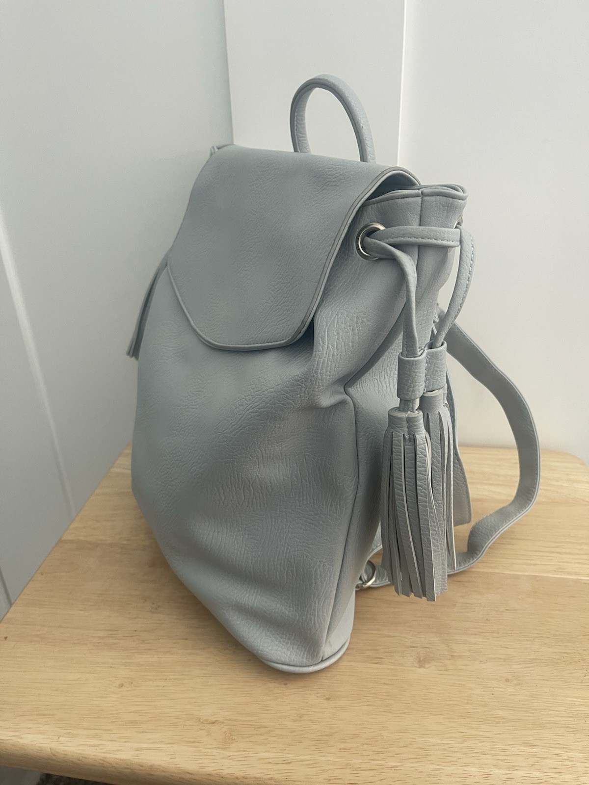 Gray Pebbled Backpack Purse Drawstring Tassel Top Handle Adjustable Strap
