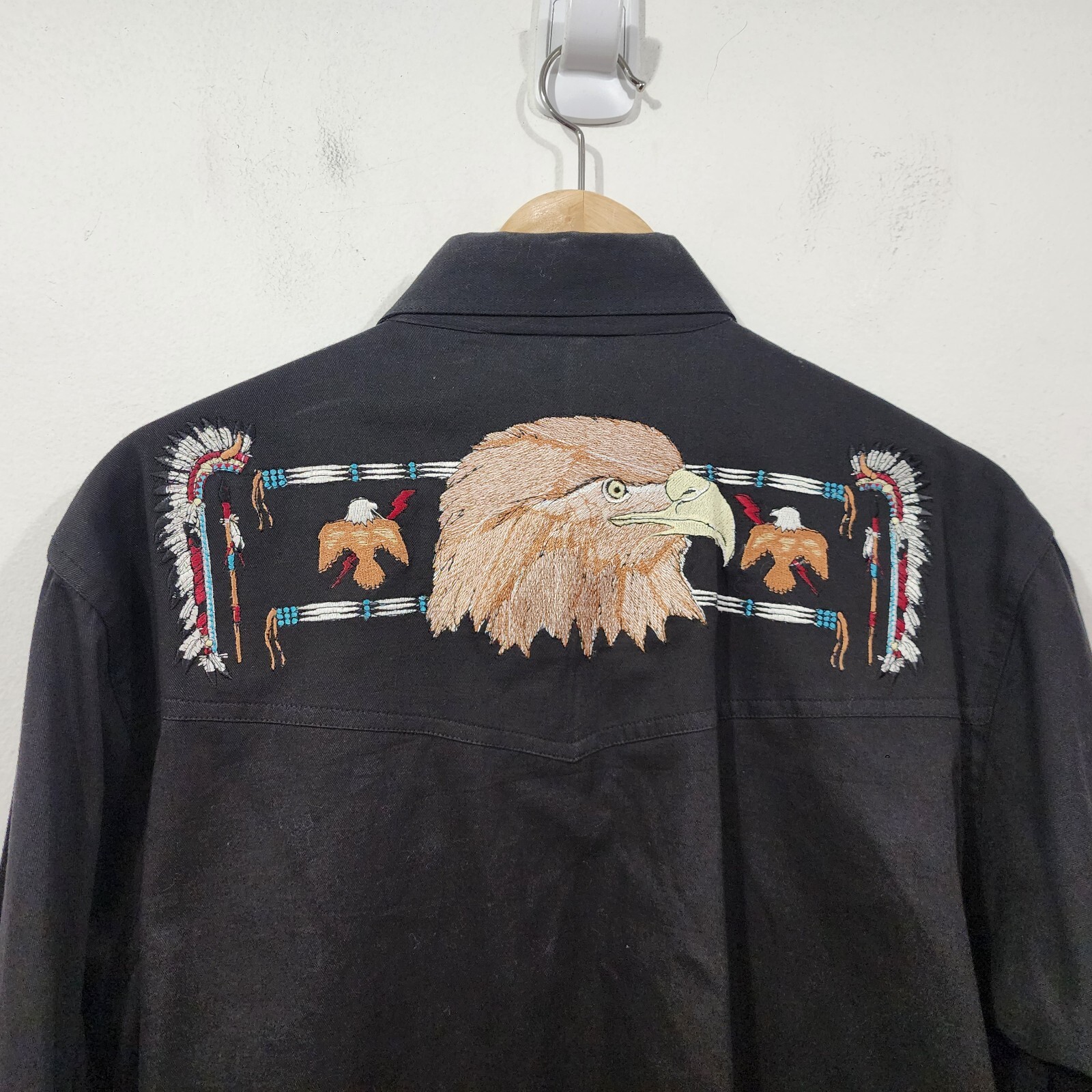 Crazy Cowboy Mens Shirt Black Eagle Embroidered Southwestern Snap Front Size M