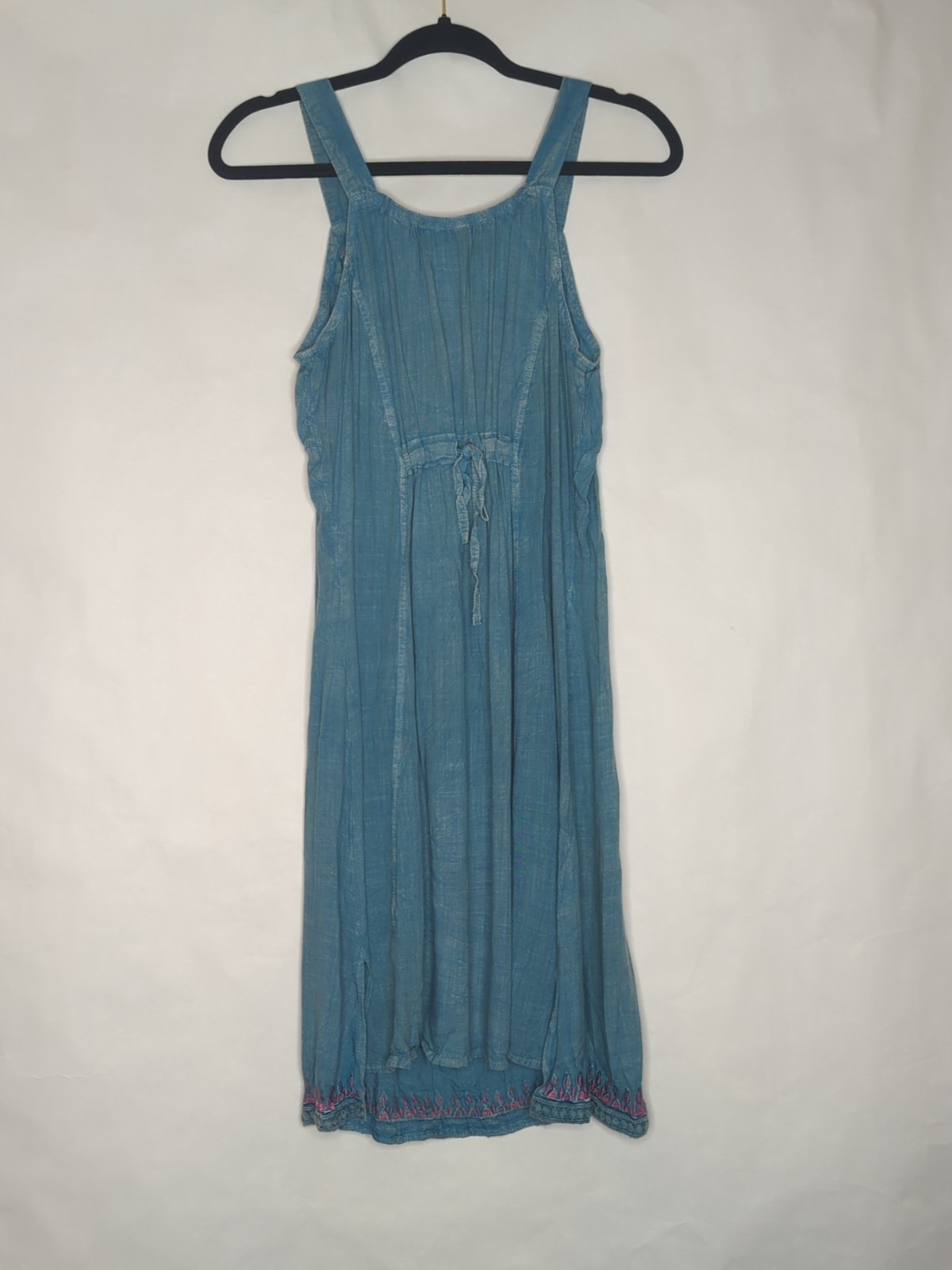 Raya Sun Dress Sz Small Boho Embroidered Shift Blue Festival Coastal Tassels Fun
