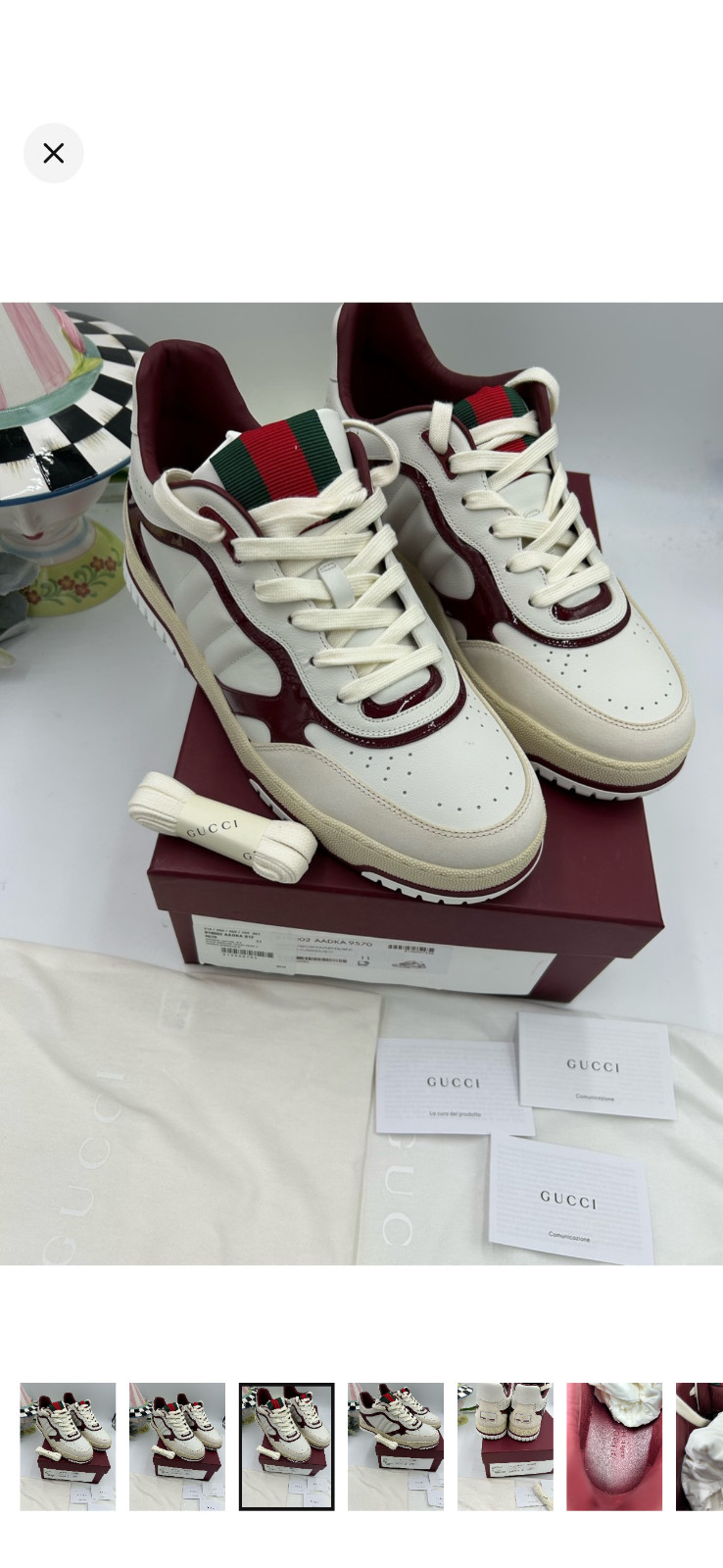 Men’s Gucci re-web sneakers in white leather and patent trim size 11 fits 12 US
