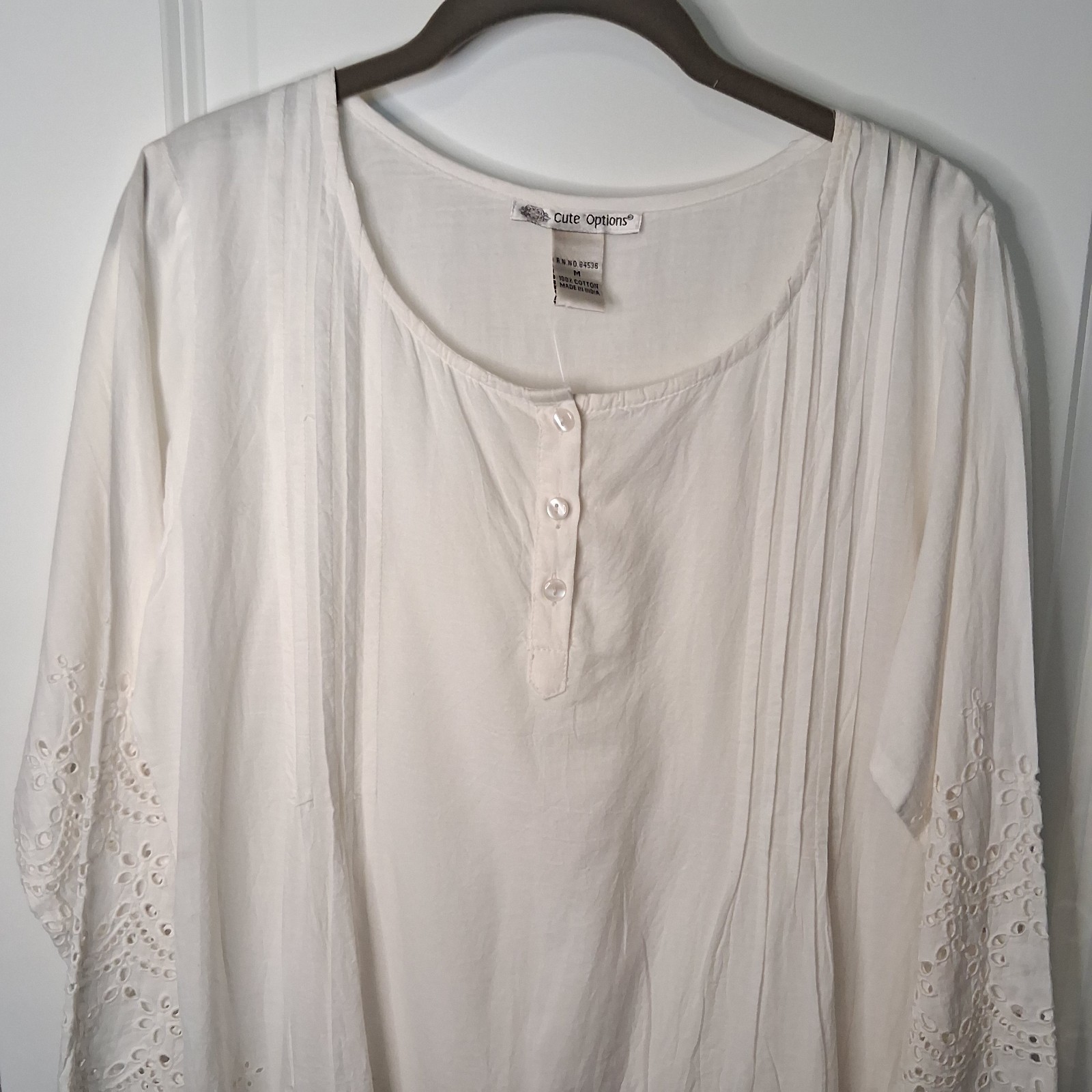 Cute Options Romantic Boho White Cotton Lace Trim Pintuck Tunic Blouse-Size M