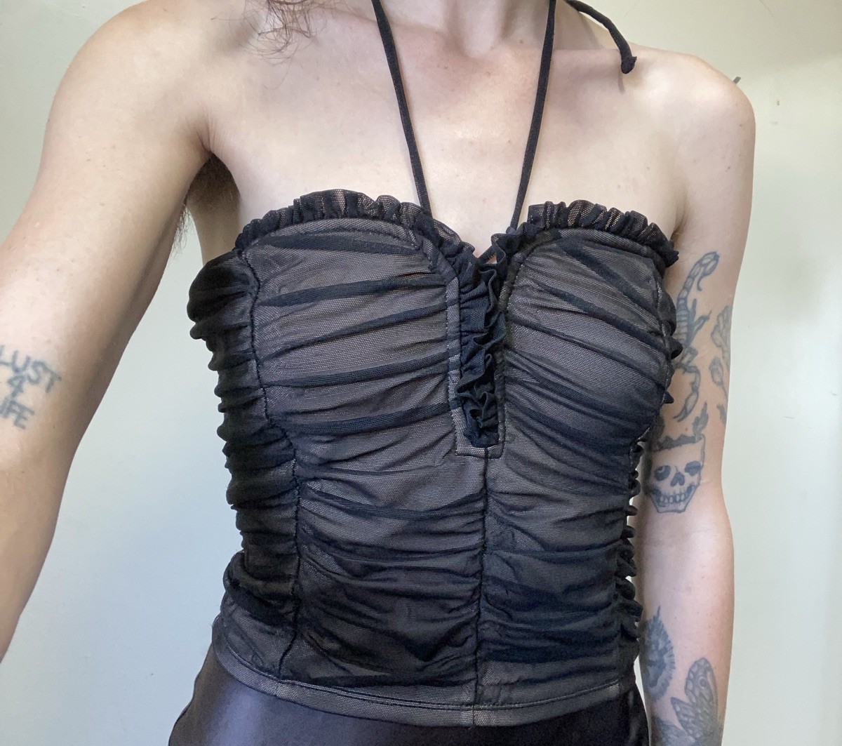 Black Mesh Ruched Bustier Strapless Top, Lace Up Detail/Halter Strap
