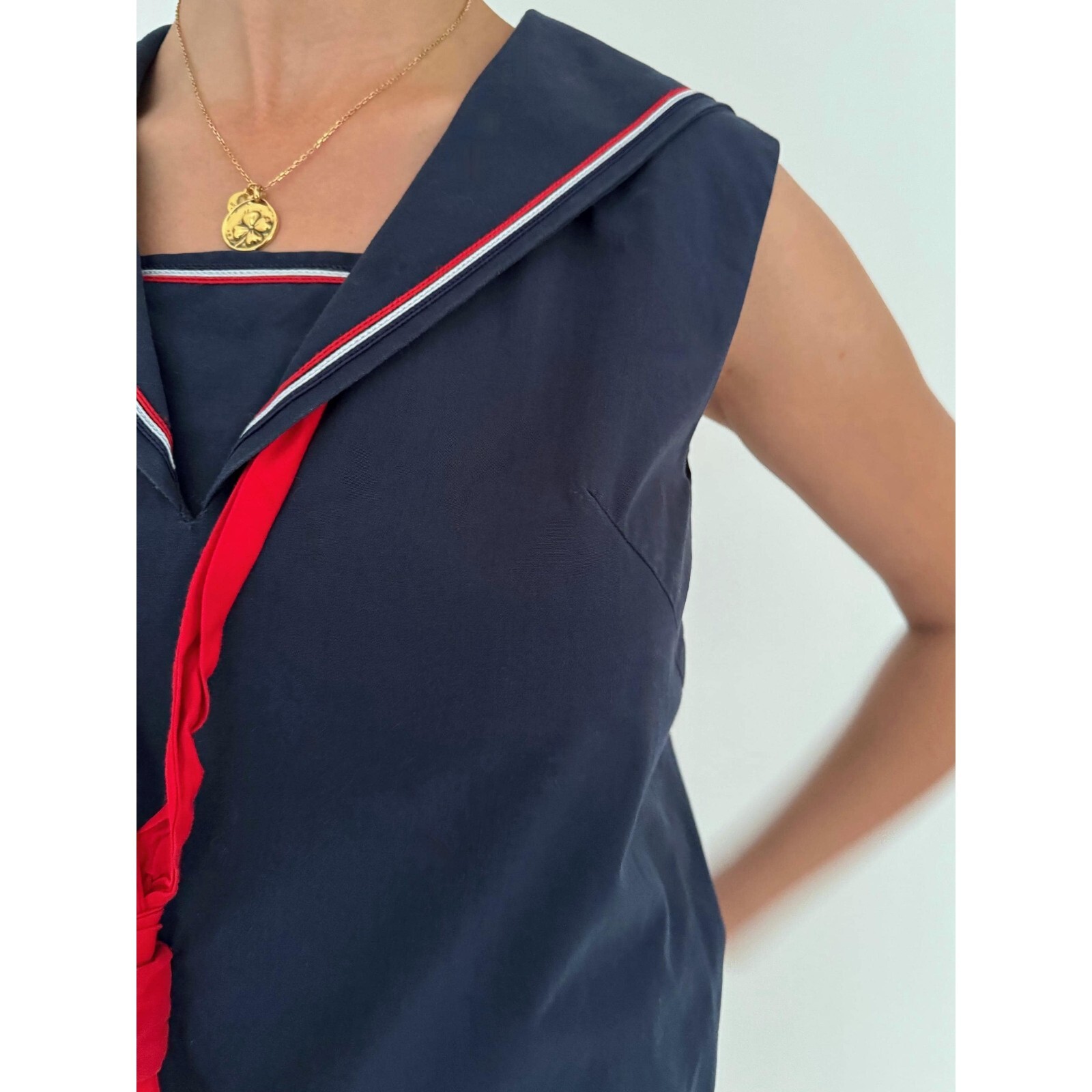 70s vintage navy blue nautical sailor collar retro pinup sleeveless midi dress