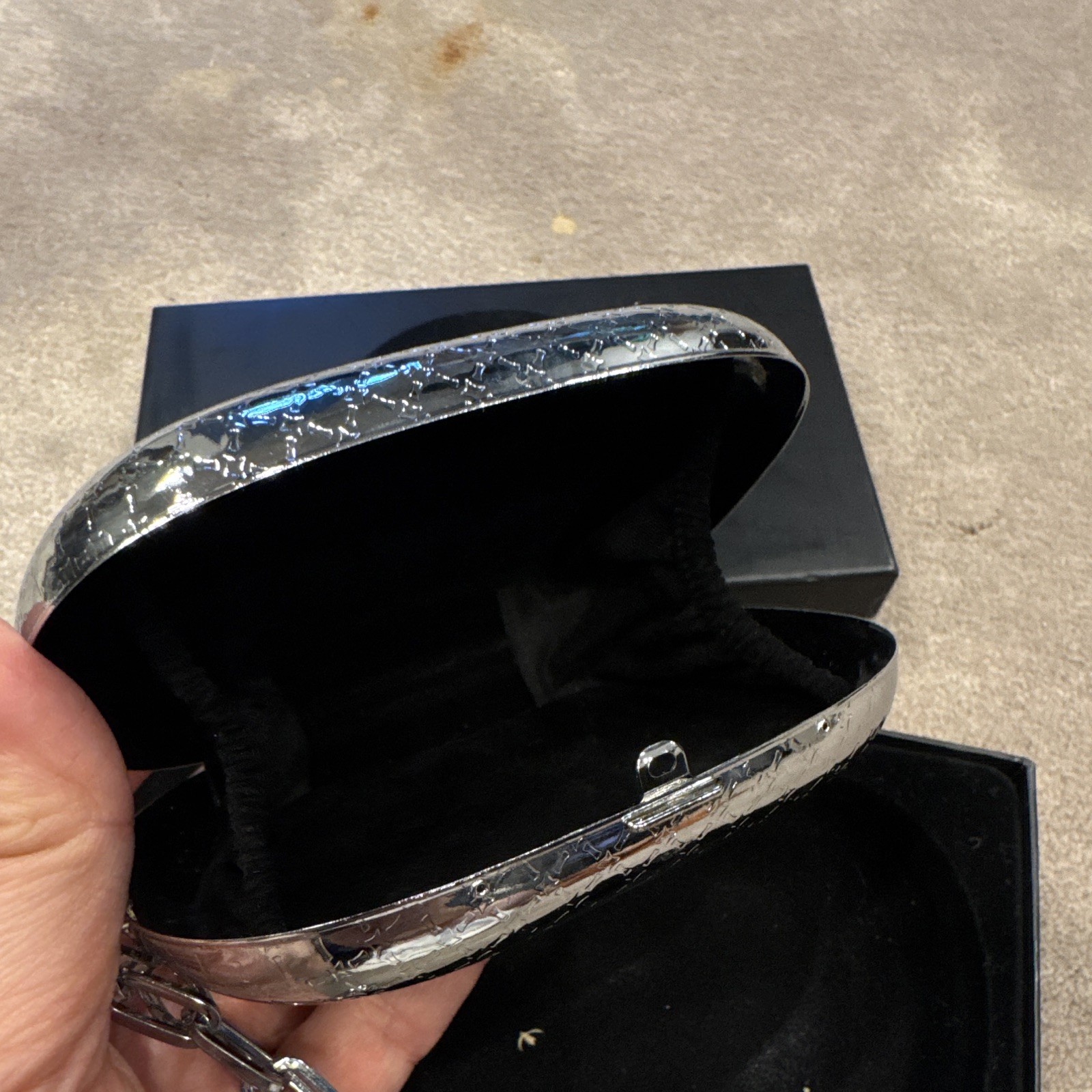 Paco Rabanne Silver Metallic Oval Clutch Chain Strap w/ Box