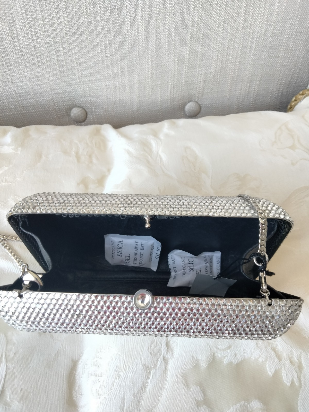 Silver Austrian Crystal Evening Clutch, Detachable Chain Strap, Snap Closure