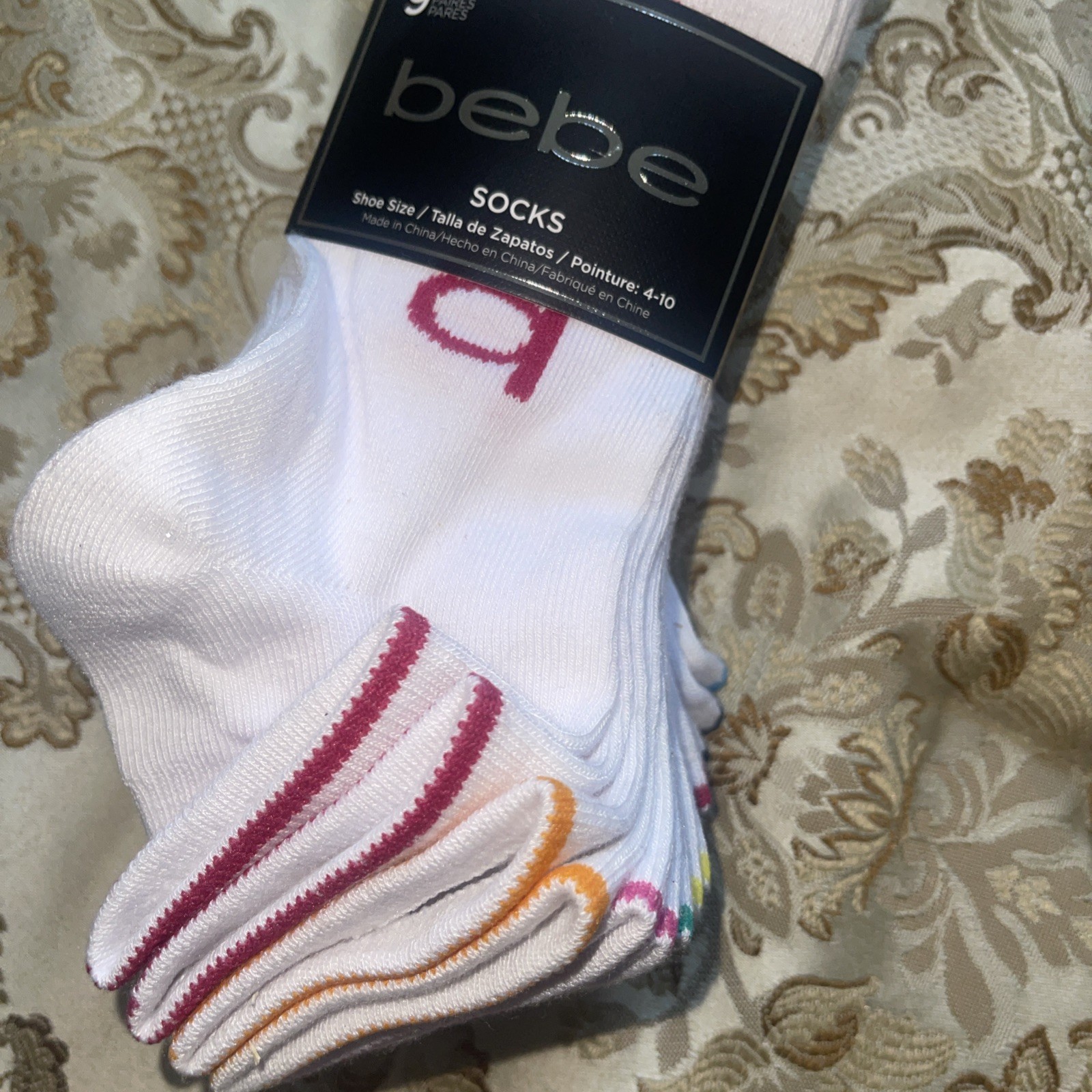 Bebe Logo, 9 Pairs Of Socks Different color Pink/grey/white Size 4 -10