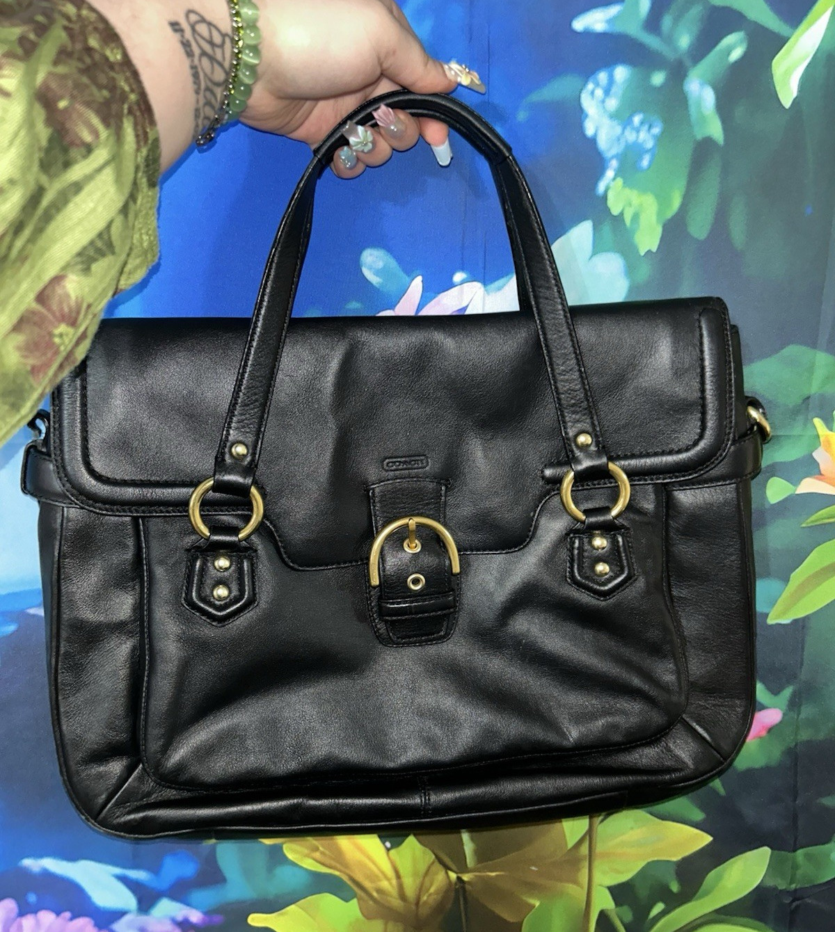 Women’s Black Satchel Top Handle Bag Double Handles Buckle Gold Hardware Lined