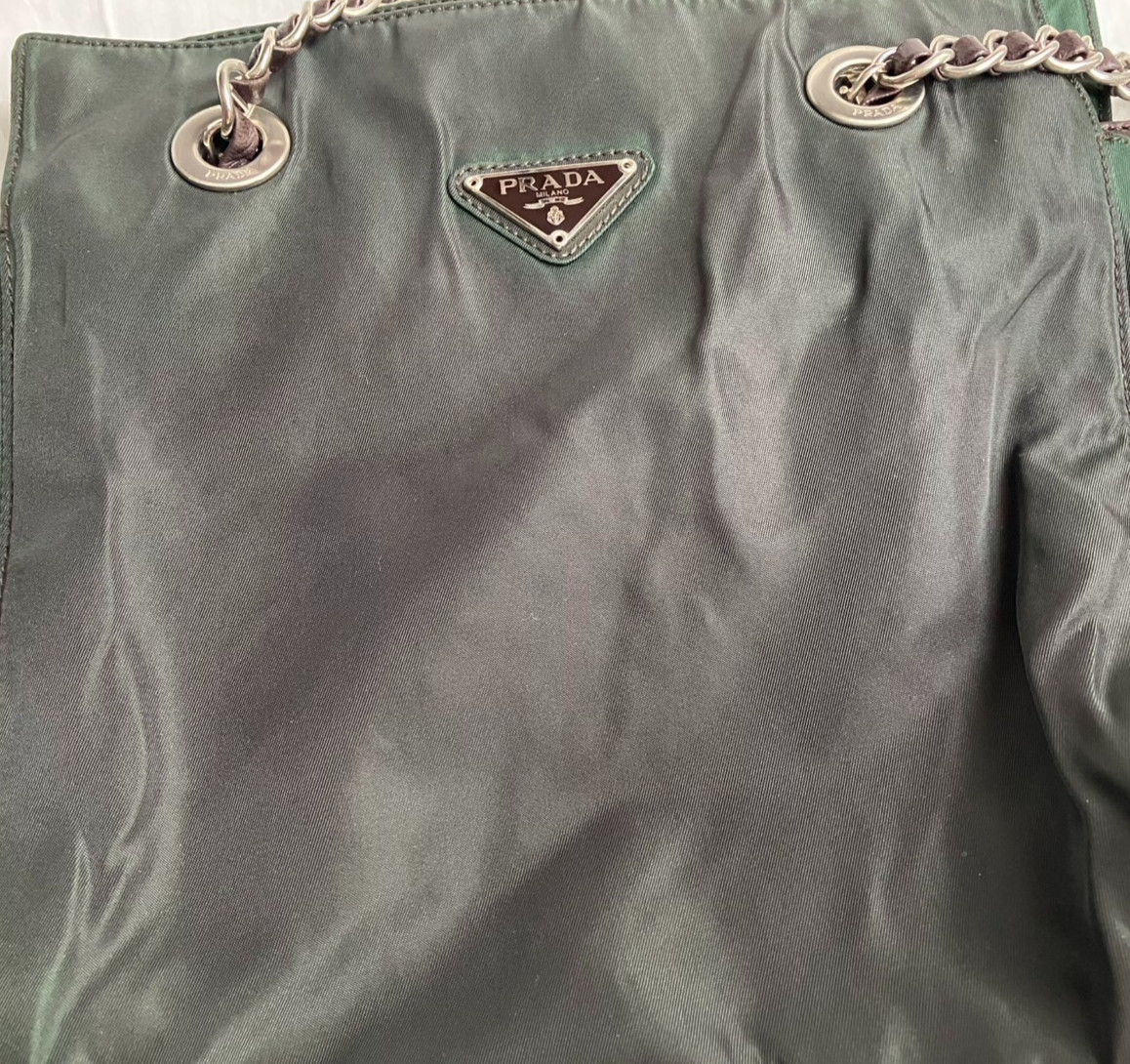 PRADA Shoulder Bag Cain Nylon Leather Green Khaki Triangle Logo Plate Black Auth