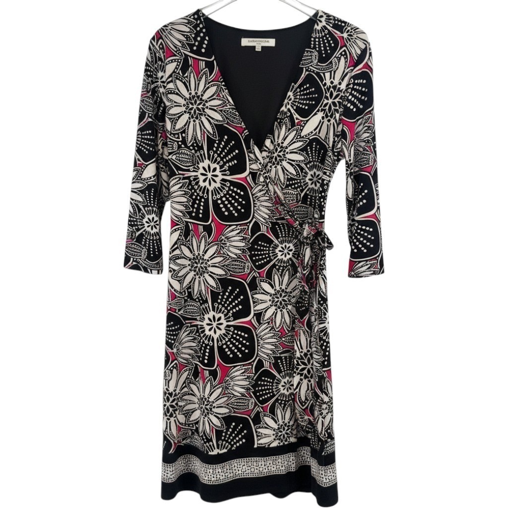 Evan-Picone Faux Wrap Dress Womens 14 Black Floral 3/4 Sleeve Knee Length