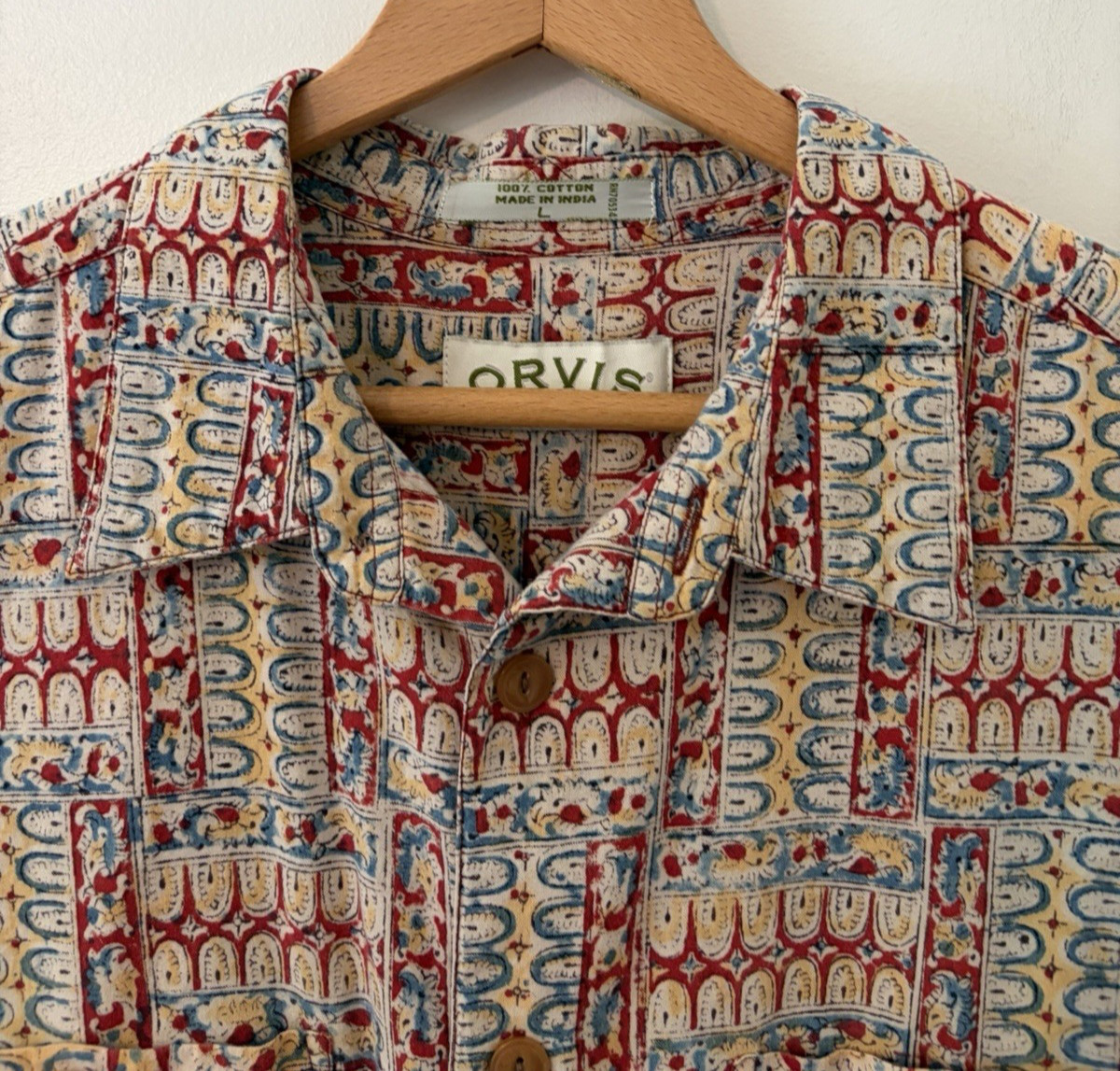 Vintage Orvis Shirt Men’s Size Large Geometric Fly Fishing Top Short Sleeve