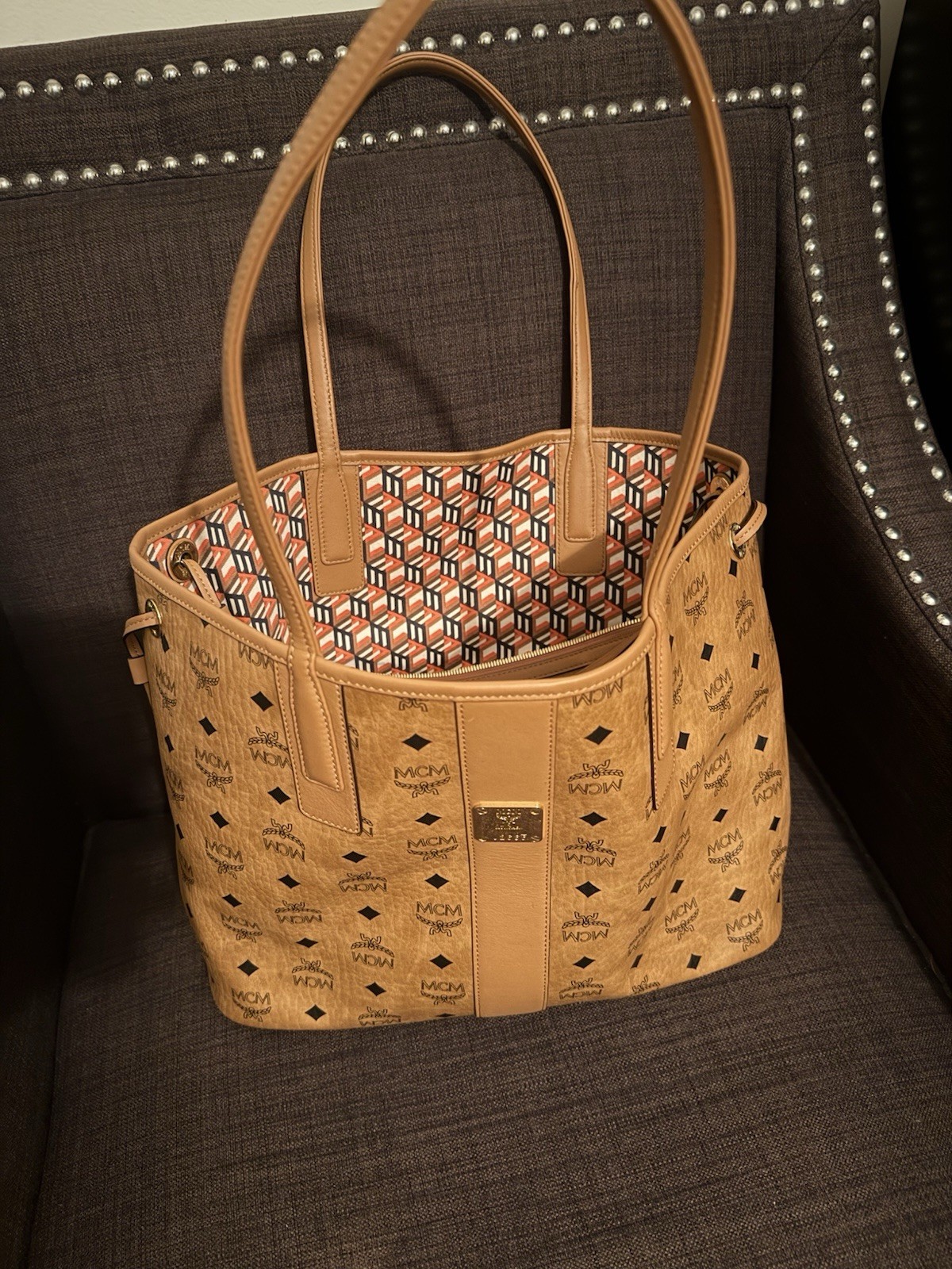 MCM Brown Monogram Logo Medium Tote Drawstring Double Handles w/ Pouch